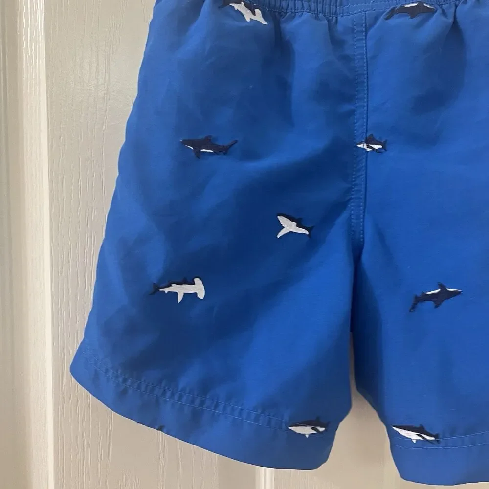 Hanna Andersson Blue Embroidered Sharks Swim Trunks Shorts Boys Size 120 US 6-7